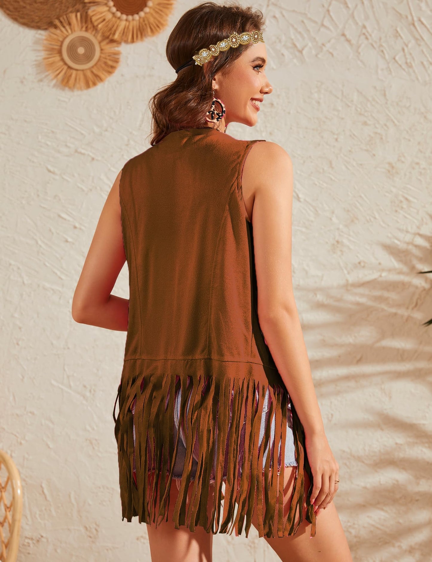 ZEXIGLAD 70 s Outfits for Women 60s Hippie Clothes Disco Costume Woman Cowgirl Halloween Costume 5 PCS Accessorie Tassel Fringe Vest Brown M