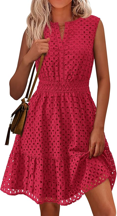 PRETTYGARDEN Women's Summer Dresses 2026 Sleeveless V Neck Eyelet Hollow Out Swing A Line Beach Vacation Sun Dress