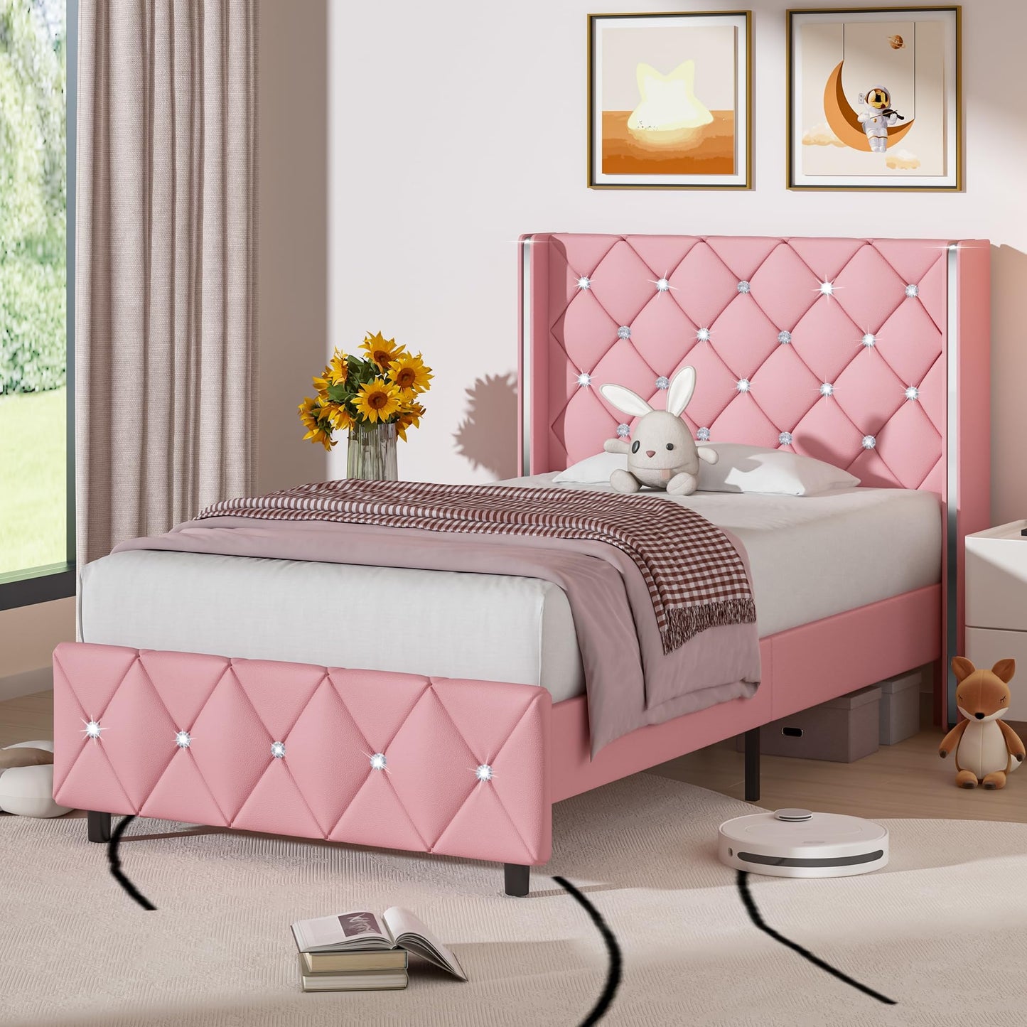 Twin Bed Frame with Headboard, Velvet Upholstered Bed with Diamond Tufted Design, Princess Twin Bed Frames for Kids, No Box Spring Required, Easy Assembly, Pink