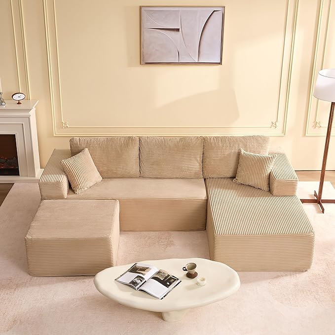 Afuson 107" Boneless Couch with Deep Seat, Modular Sectional Sofa, Cloud Sectional Couch for Living Room, No Assembly Required, Corduroy, U-Shape 3 Seater Right, Camel