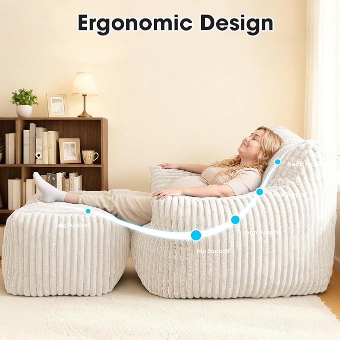 Giant Bean Bag Chair with Ottoman, Oversized Memory Foam Bean Bag Sofa for Adults and Kids, Large Comfy Fluffy Single Lounges Mini Couch for Living Room, Bedroom & Dorm(Beige)