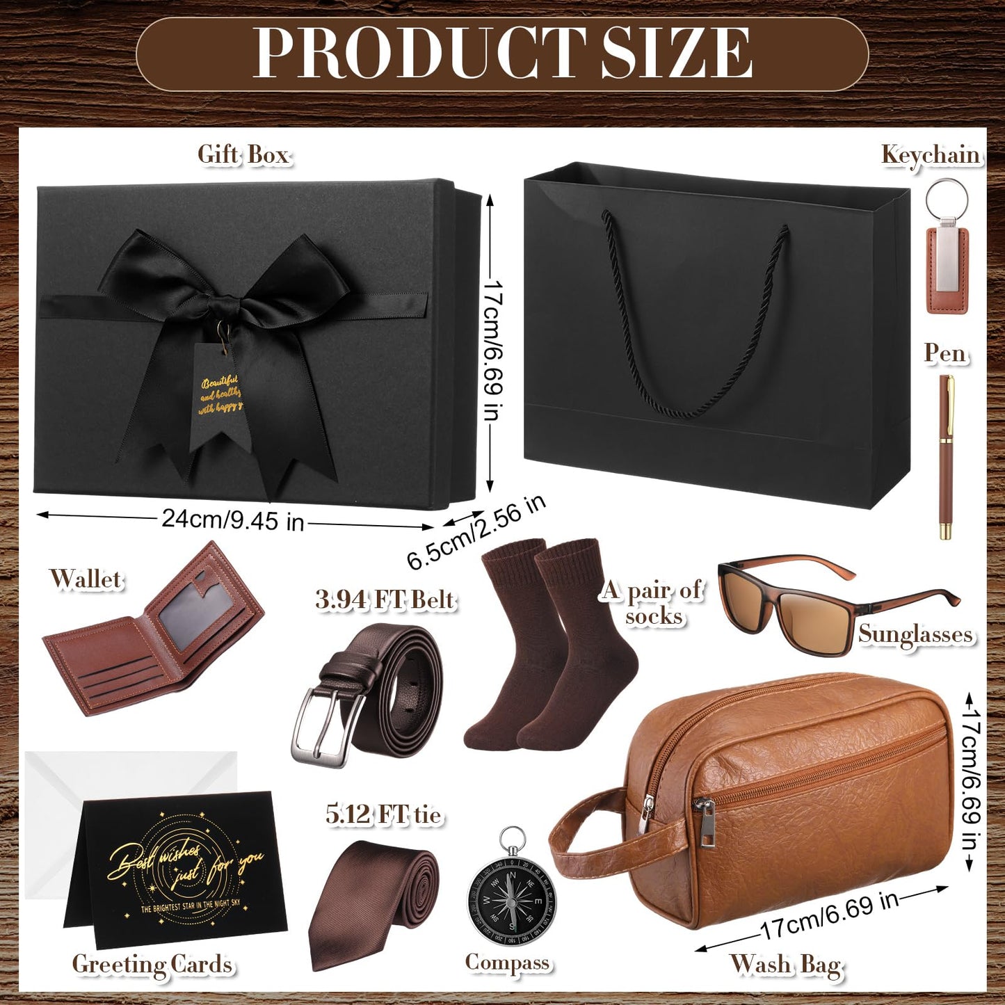 Geyoga 12 Pcs Men Birthdays Gift Set with Box for Men Dad Basket PU Leather Wallet Leather Toiletry Bag Tie Socks Belt Keychain Sunglasses Pen Compass Set for Father's Day(Brown)