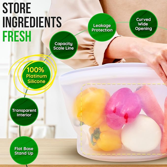 Premium Platinum Silicone Reusable Food Storage Bag 2.1 Cup (17 fl oz), Airtight Zip Lock Bags for Food, BPA-Free Silicone Freezer Bags, Microwave Safe Sous Vide Container, White