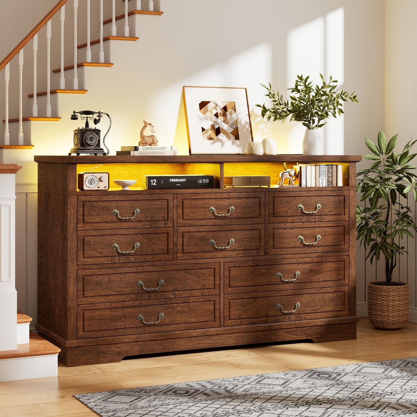 Farmhouse Dresser for Bedroom 55.2''Wide Wood Dresser with LED & Power Outlet Vintage 10 Drawers & Chests of Drawers Long Space Saver TV Stand, Closet, Entryway, Rustic Brown