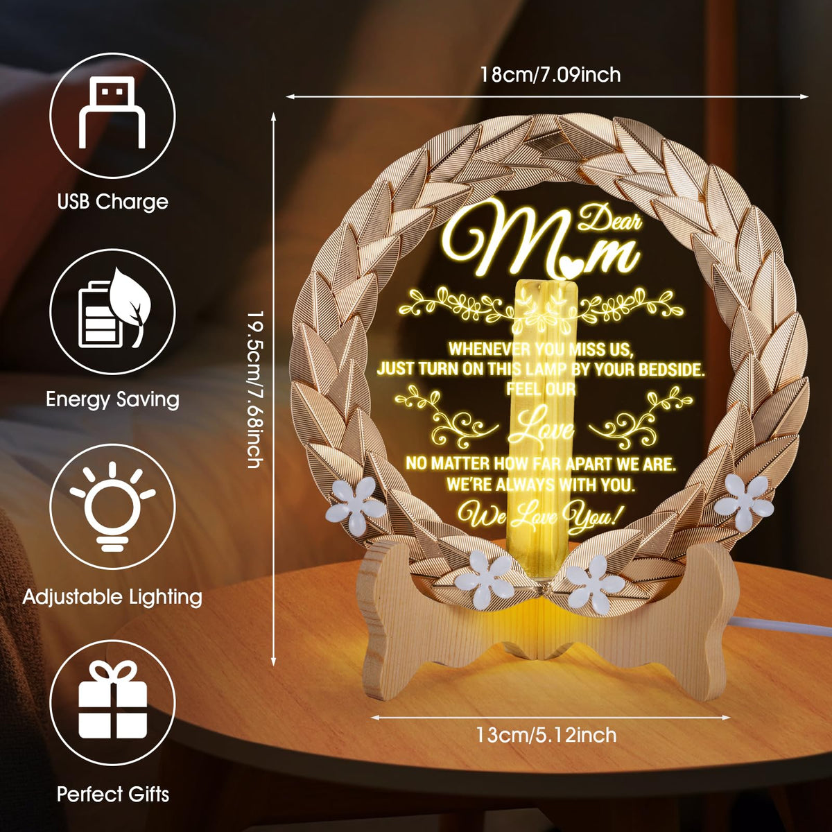 EVA murmure Birthday Gift for Mom from Daughter or Son - Luxury Crystal Plate with Gold Rim & Dimmable LED Light, Elegant Night Lamp for Mother, Best Gift Idea for Mom