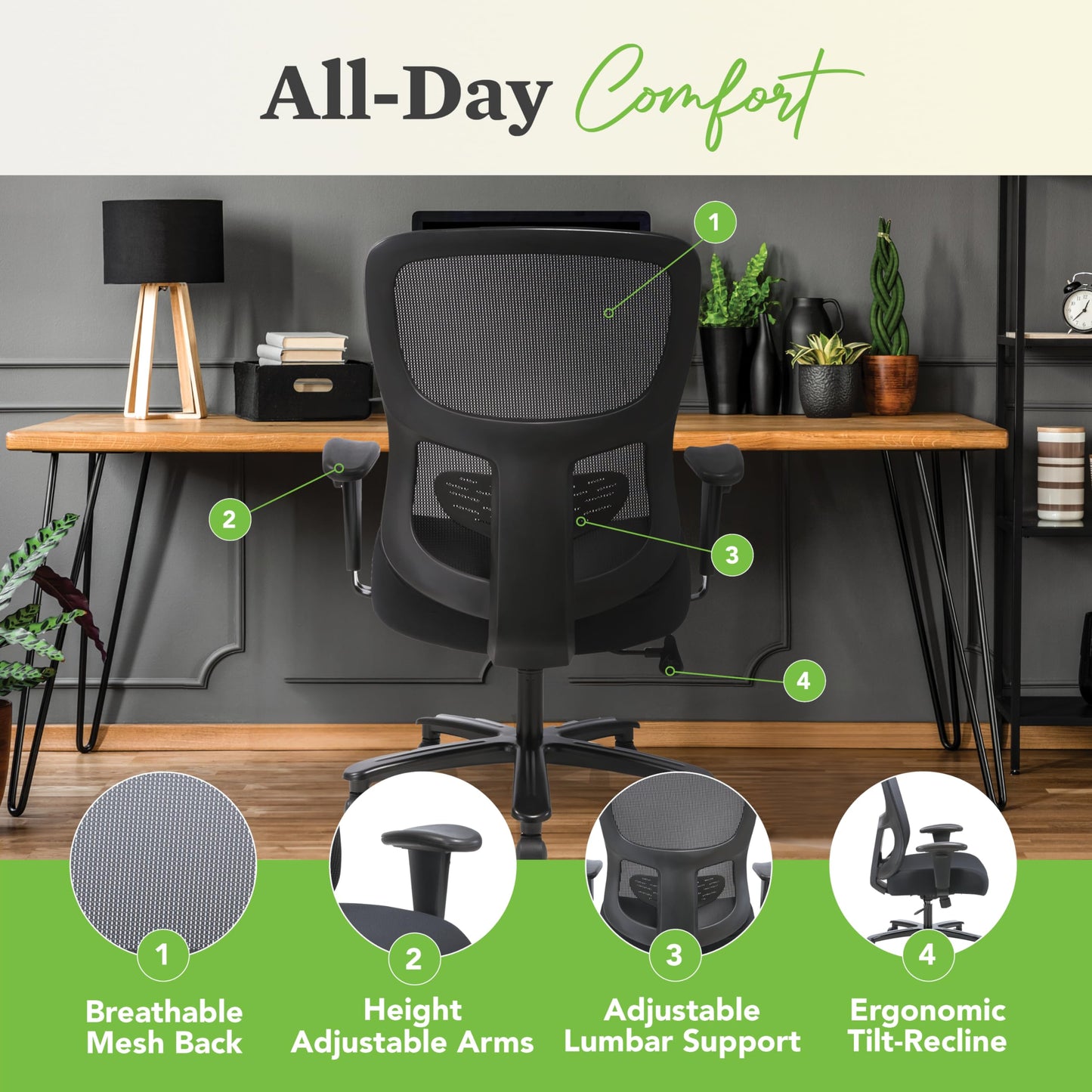 HON Sadie Big and Tall Office Chair, Ergonomic Desk Chair with Mesh Back, Lumbar Support, 350 lb Max, Black
