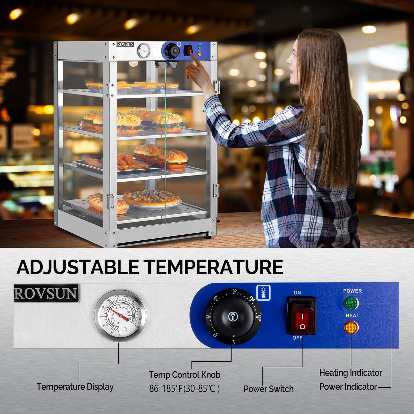 ROVSUN 4-Tier Commercial Food Warmer Pizza Warmer Countertop, Food Warmer Display with LED Lighting Removable Shelves Glass Door, Pretzel Warmer for Buffet Restaurant Cafe, 110V 800W