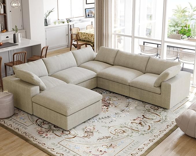 160.6'' Cloud Modular Sectional Sofa,Down Filled Comfort V Shaped Sofa Couch for Living Room,Minimalist Wide Deep Seat Convertible Couches for Office Apartment,4 Seater & 1 Corner+1 Ottoman (Khaki)
