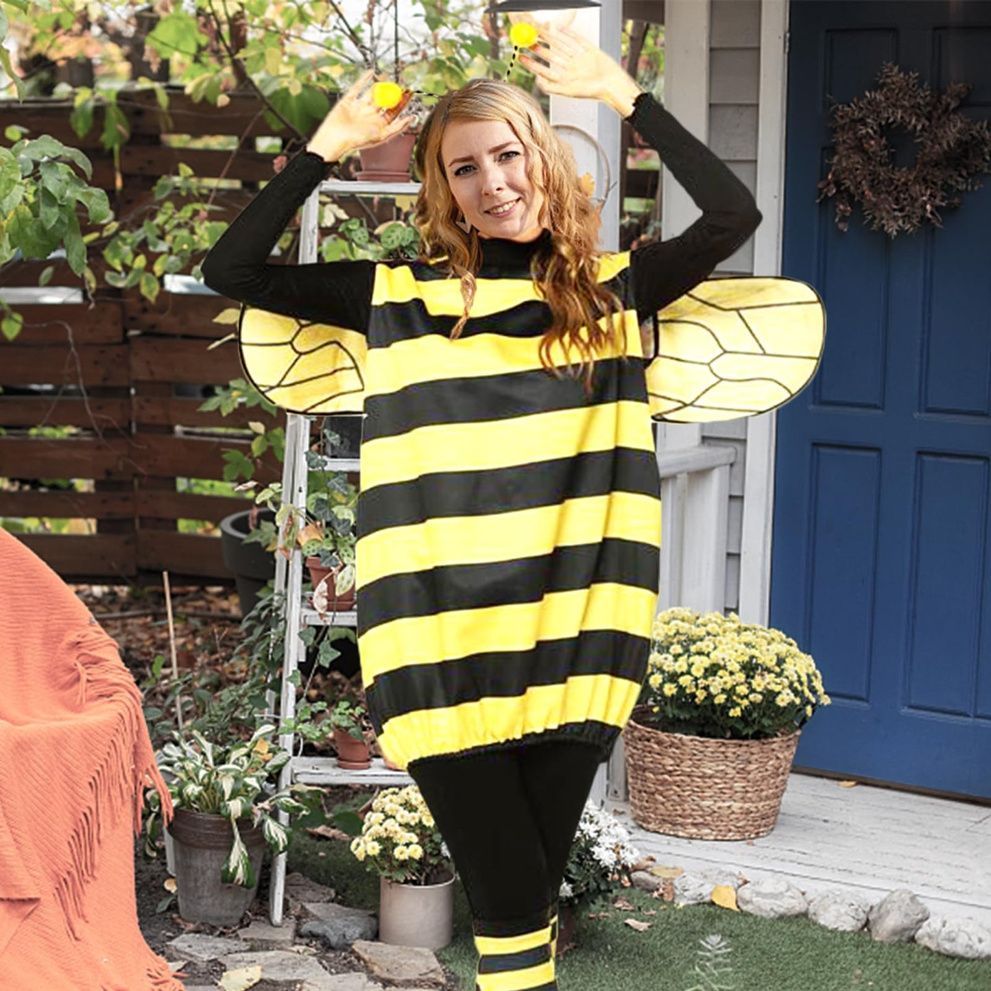 TUSAUW Bee Costume Toddler Halloween Costumes for Girls Womens Kids Adults Halloween Cosplay Costume Role Play Dress Up with Headband Jacket Wings Leggings for Halloween Theme Party(Size L)