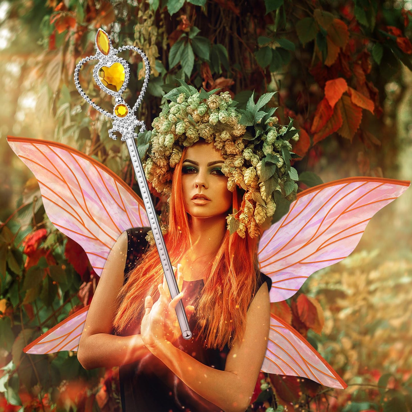 Jenaai 2 Pcs Fairy Wings Halloween Costume Accessories for Girls Adult Women with Wand for Butterfly Cosplay Party(Orange)
