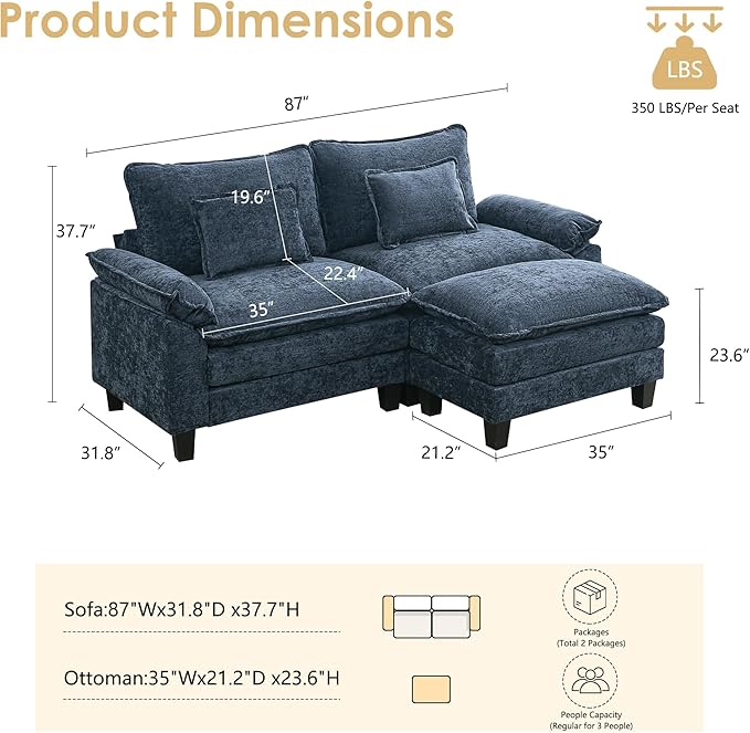 URRED Cloud Couch Modular Sectional Sofa, 87" Modern L Shaped Deep Seat Sofa with Ottoman & Pillows, Ultra Comfy Chenille Couches for Living Room, Bedroom or Apartment, Blue