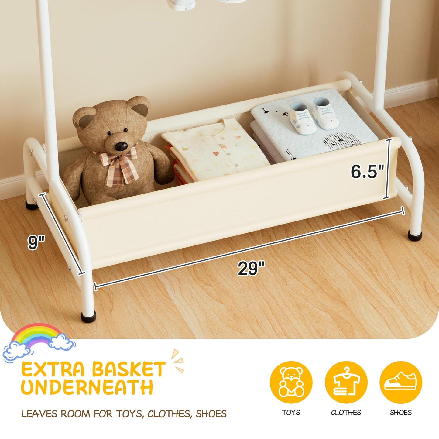 MISSLO Kids Clothing Rack with Basket Small Dress Up Storage Short Toddler Dress Up Rack Kids Closet for Baby Clothes, White