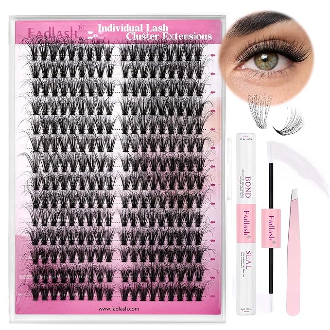 FADLASH Lash Extension Kit Cat Eye Lash Cluster Kit DIY Eyelash Extension Kit with Lash Bond and Seal Lash Tweezers Natural Cluster Eyelash Extensions Kit Individual Lashes (KIT, 40D-07D-12-20mm)