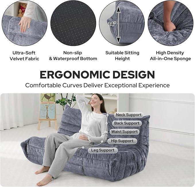 HABUTWAY Bean Bag Chair, Giant Bean Bag Chairs for Adults, Loveseat Fireside Chair, 2 Seater Lazy Bean Bag Sofa Memory Foam Couch for Living Room, Bedroom, Office (Grey)