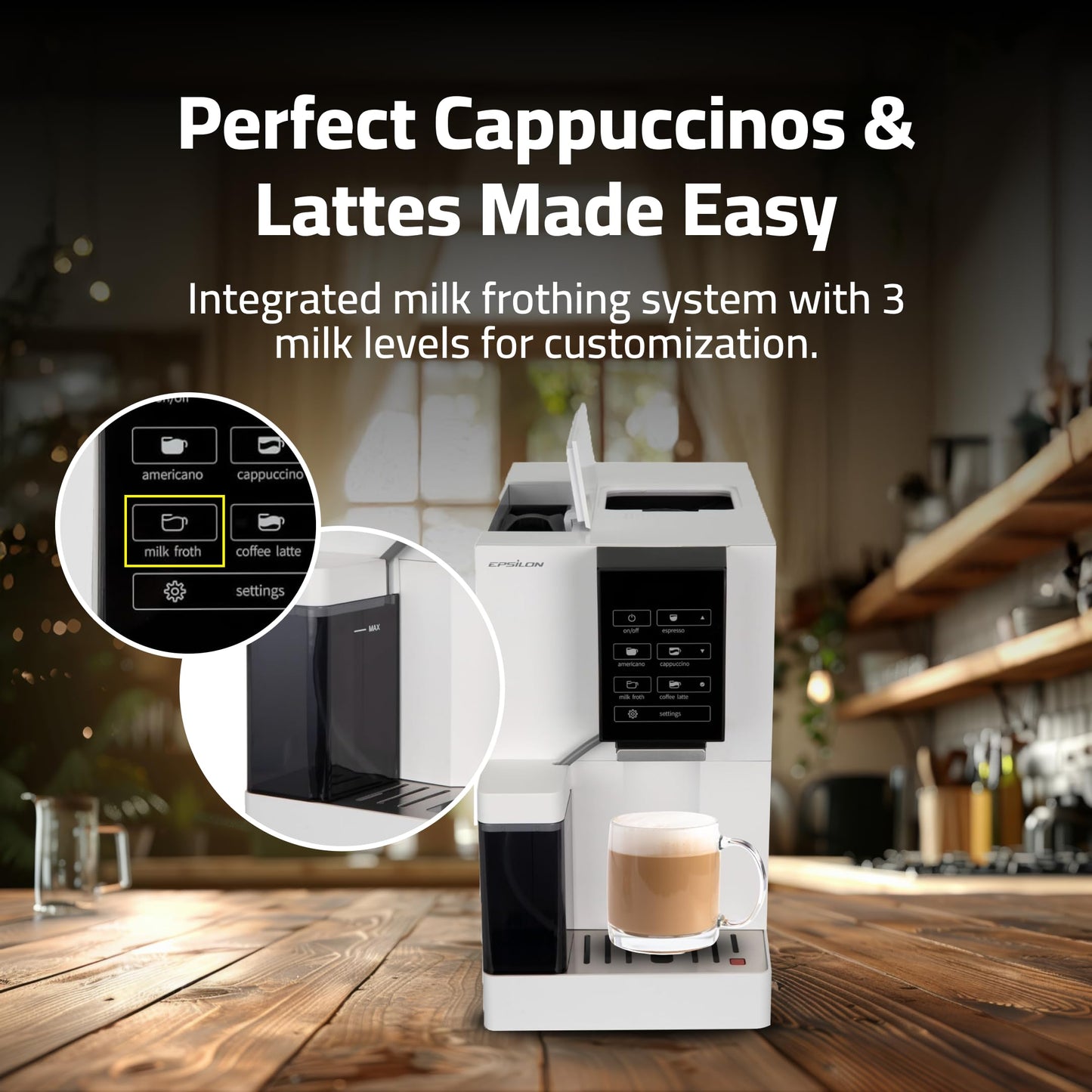 Epsilon Fully Automatic Coffee Machine, Modern One Touch Espresso Machine, Integrated Milk Frother and Custom Brewing Cafe Maker, Compact Countertop Size, Self Cleaning Cafetera (White)