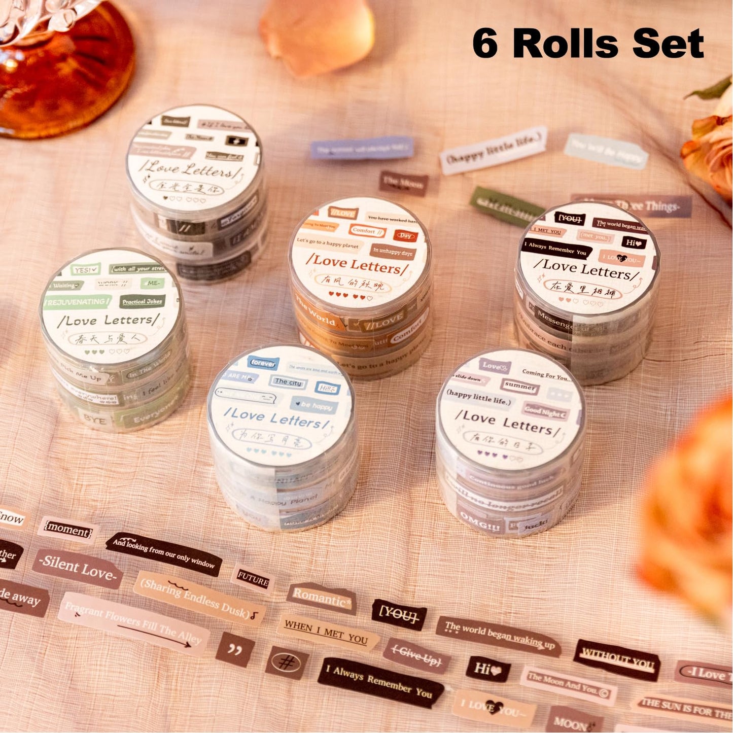 Words Pre-Cut Tapes Set, 6 Rolls Phrase Ephemera for Junk Journaling, Scrapbooking, Crafting, DIY Projects, Diaries, and Art Supplies