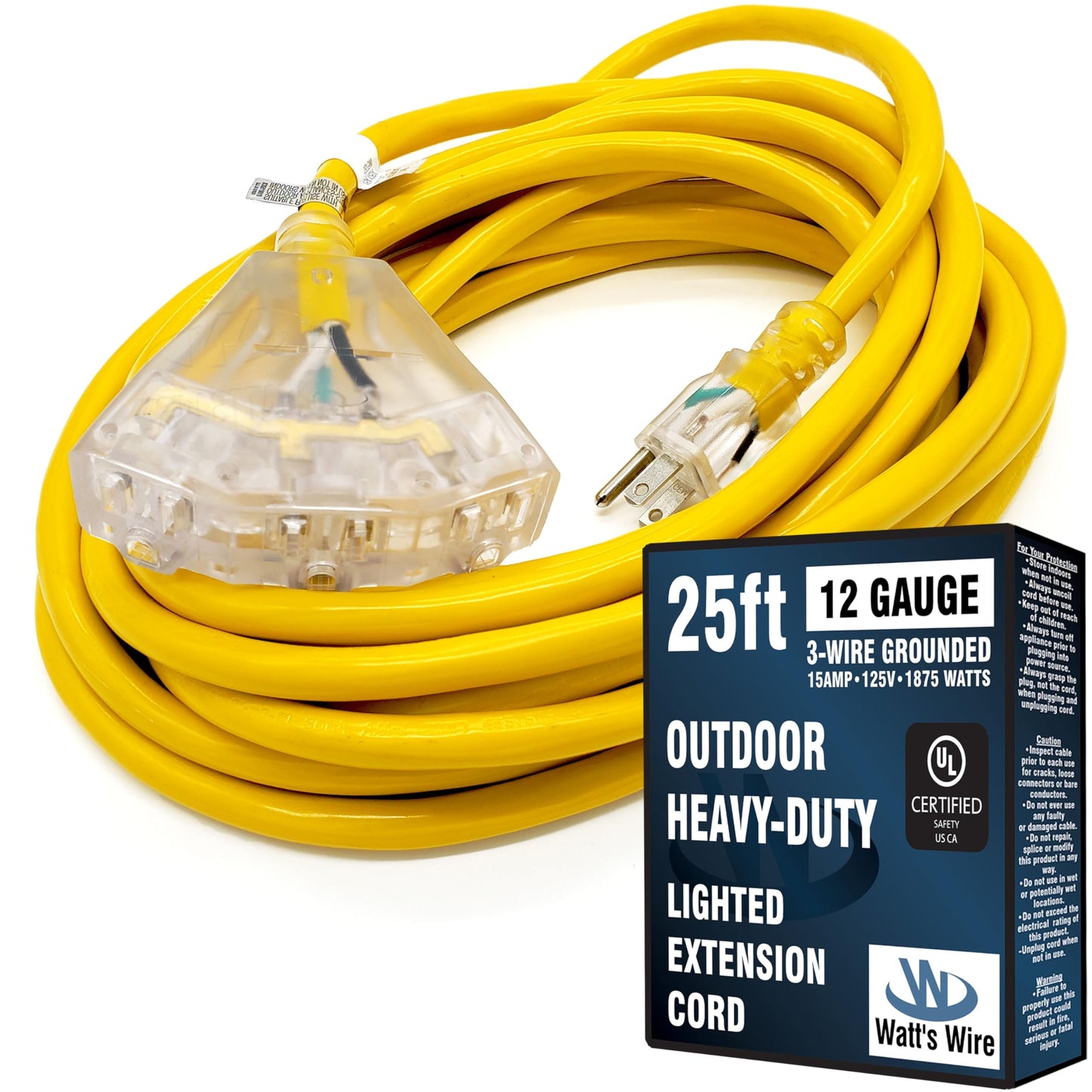 25 Ft Heavy Duty Extension Cord - 12 Gauge Outdoor Extension_Cord - Lighted Mulitiple Outlets By Watts Wire - 25 12-Gauge Grou