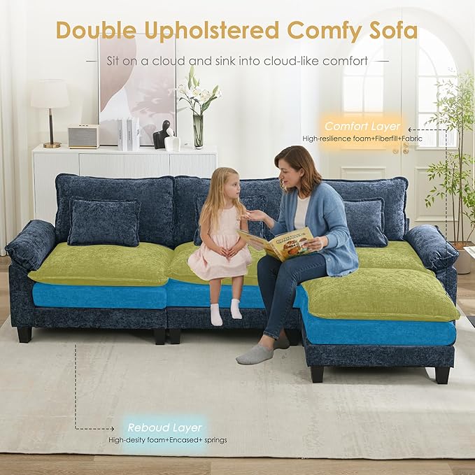 URRED Cloud Couch Modular Sectional Sofa, 122'' Modern L Shaped Deep Seat Sofa with Ottoman & Pillows, Ultra Comfy Chenille Couches for Living Room, Bedroom or Apartment, Blue