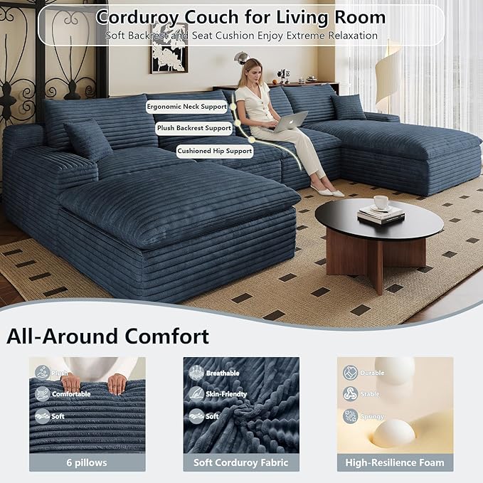 136" Cloud Sectional Couch U-Shaped Chaise with Ottoman, Corduroy Boneless Couch for Living Room Bedroom, Deep-Seat Upholstered Modular Cloud Sofa, No Assembly Required (Blue, Right Facing Chaise)