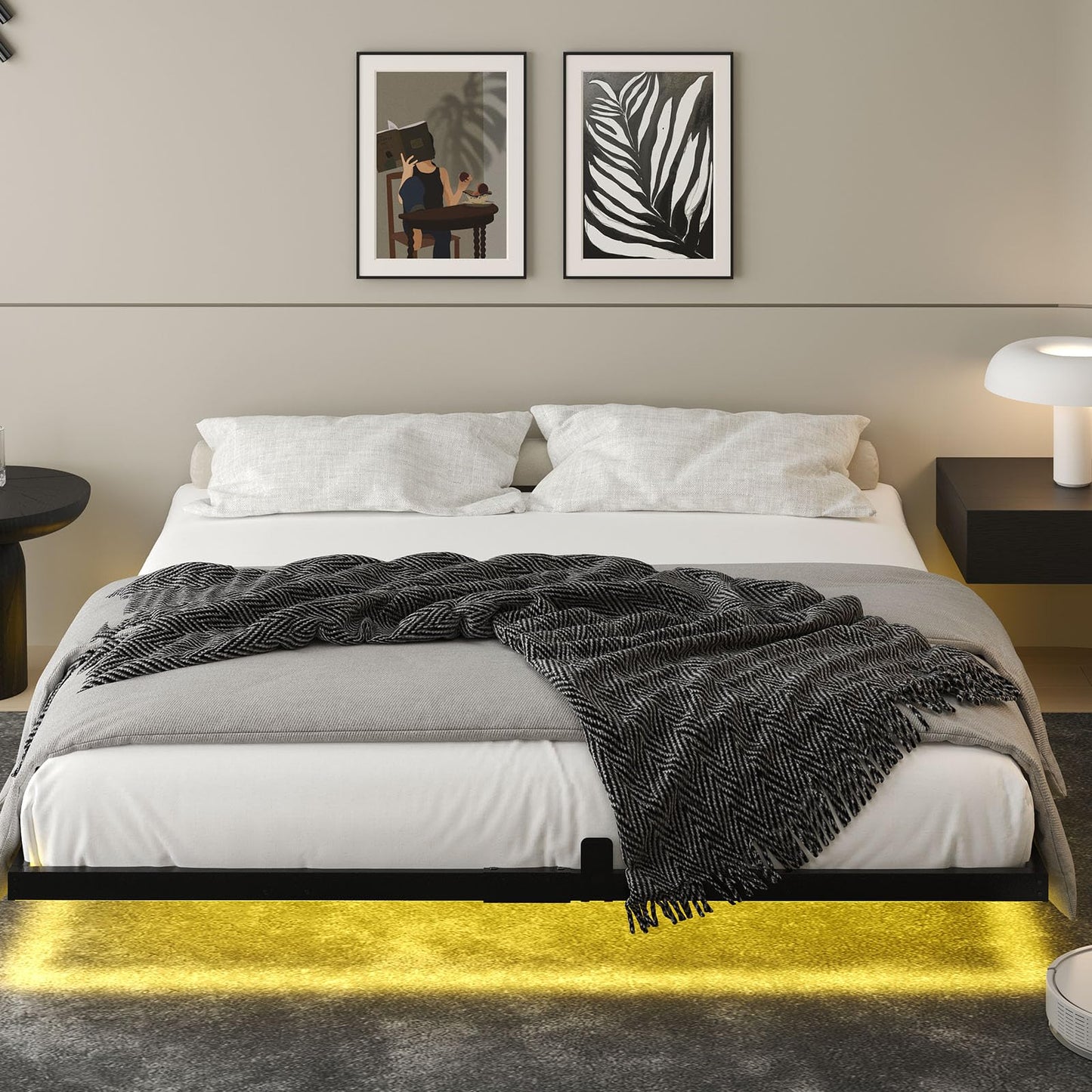 HOMBCK Floating Bed Frame King Size with Smart LED Lights, Modern Metal Platform, No Box Spring Needed/Easy to Assemble/Noise Free