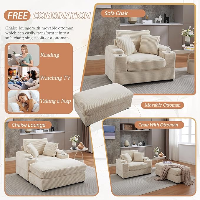 50" Oversized Chaise Lounge Chair Indoor with Ottoman and Storage, Comfy Corduroy Sleeper Chair with Cup Holder, Deep Seat Upholstered reading Chair, Reclining Chair for Living Room, Bedroom(Beige)