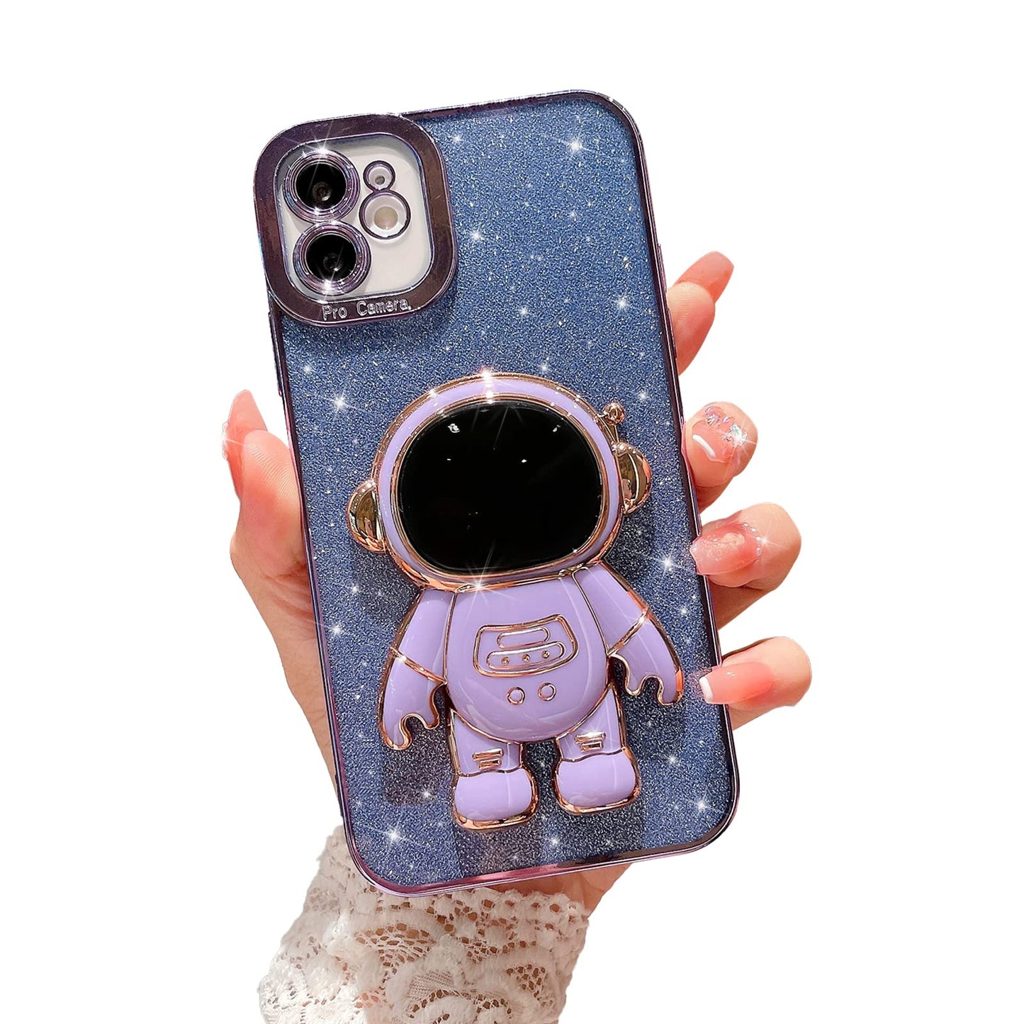 Mgqiling Compatible For Iphone 12 6.1 Inch Bling Plating Astronaut Hidden Stand Case, Cute 6D Stand Glitter Phone Case For Women