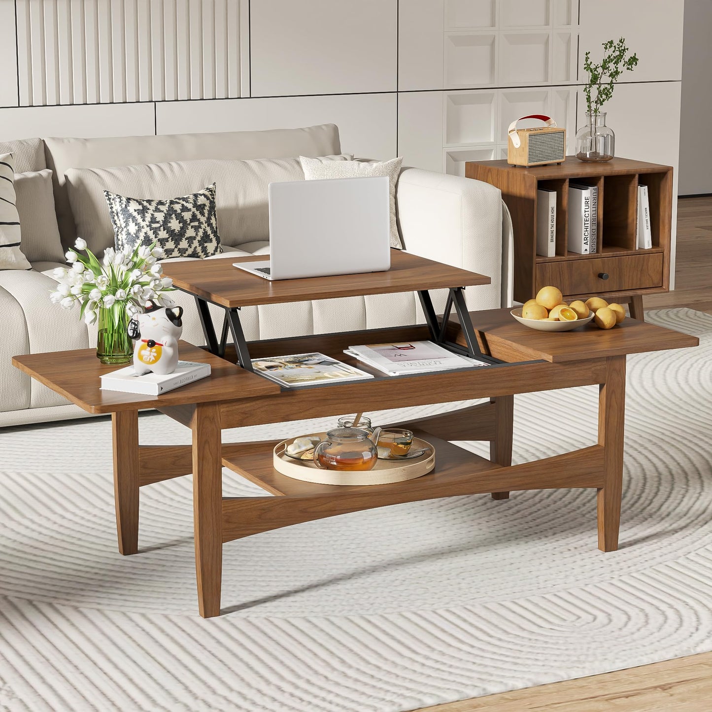 Oubayajia Coffee Table with Lifting Top, Rectangle Wood Lift Top Coffee Table with Open & Hidden Storage, Mid Century Pull up Center Tables for Living Room, Office (Walnut)