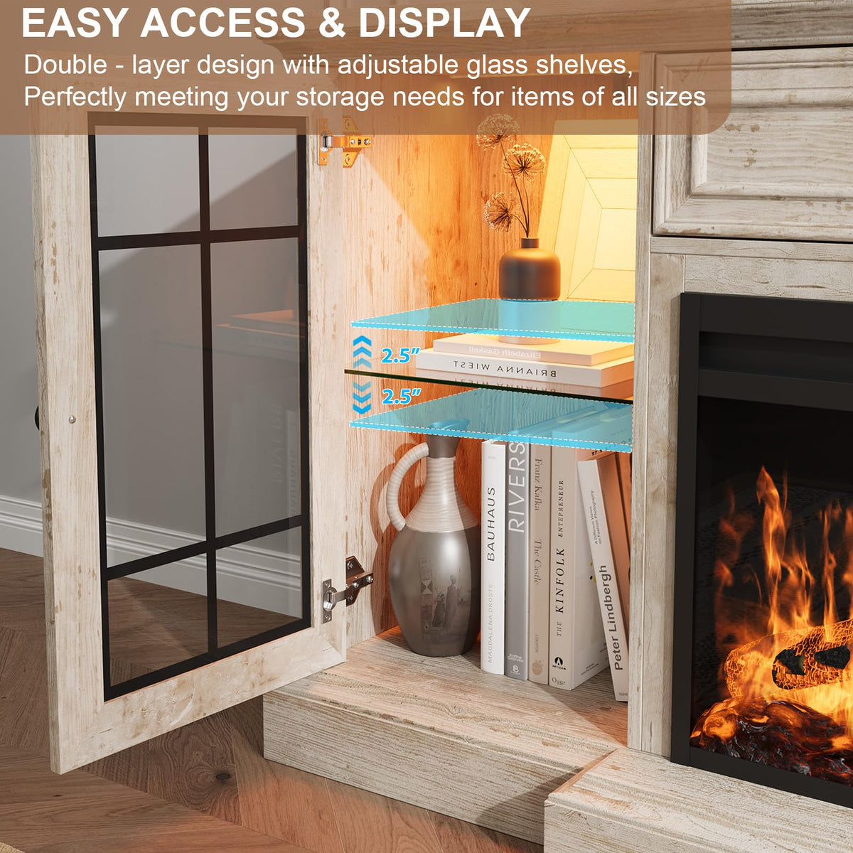 Fireplace TV Stand Up to 80" TVs, 70'' Modern Entertainment Center with 36" Electric Fireplace & LED Lights, Farmhouse Media Console with Storage Cabinet & Drawer for Living Room, Antique Brush Grey