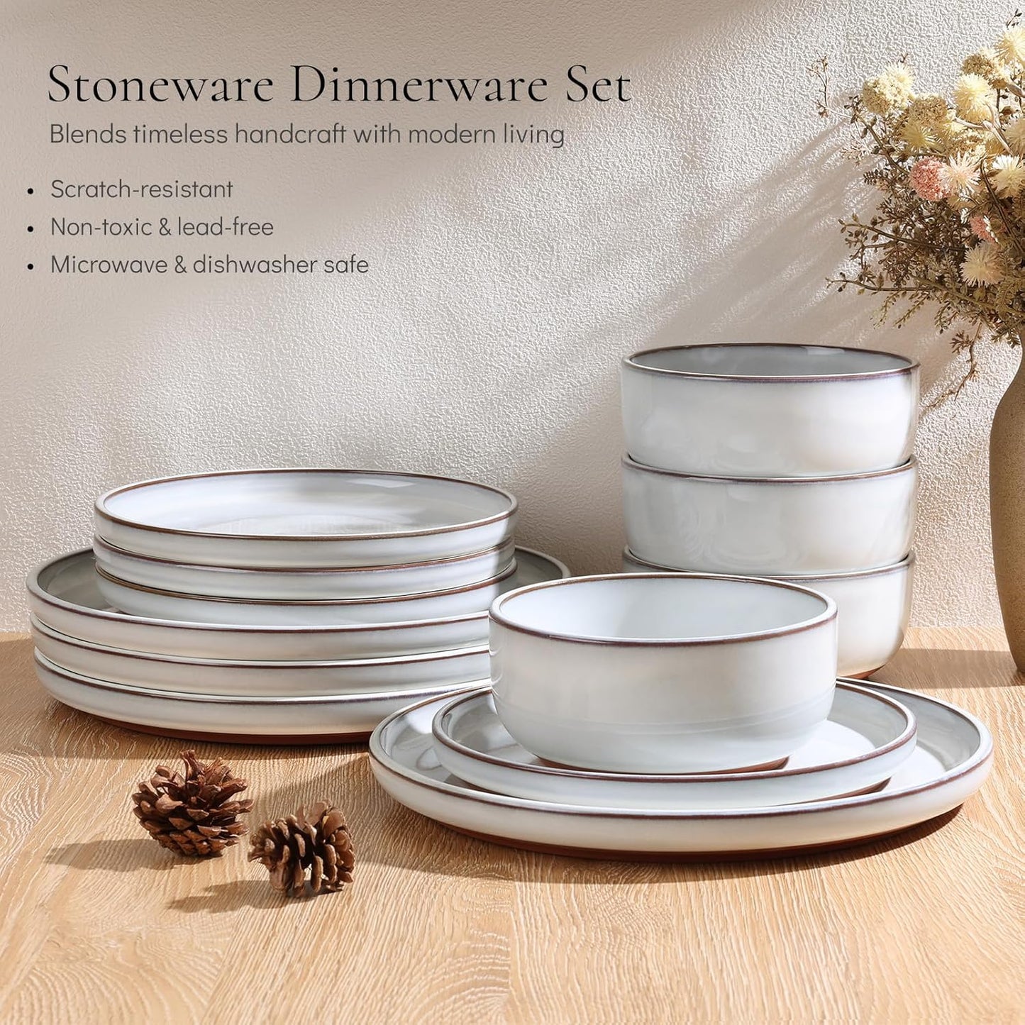 E-far Stoneware Dinnerware Sets for 8, 24 Pieces Reactive Glaze Plates and Bowls Sets, Elegant Dishes with Rustic Terracotta Clay Base, Dishwasher & Microwave Safe, Scratch Resistant, Glacier White