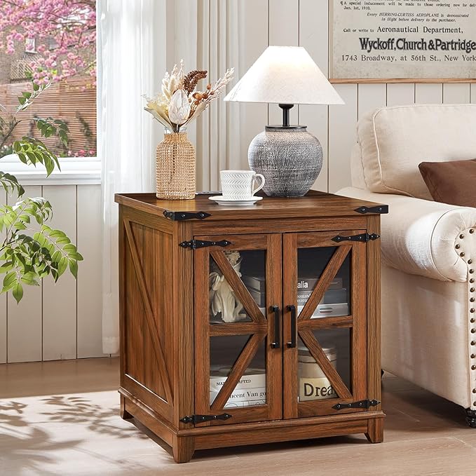 Joaxswe Farmhouse End Table with Charging Station Set 2, 24" Large Sofa Side Table with Glass Barn Door, Nightstand with Adjustable Storage Shelf,Wood Square Bedside Table for Living Room,Bedroom
