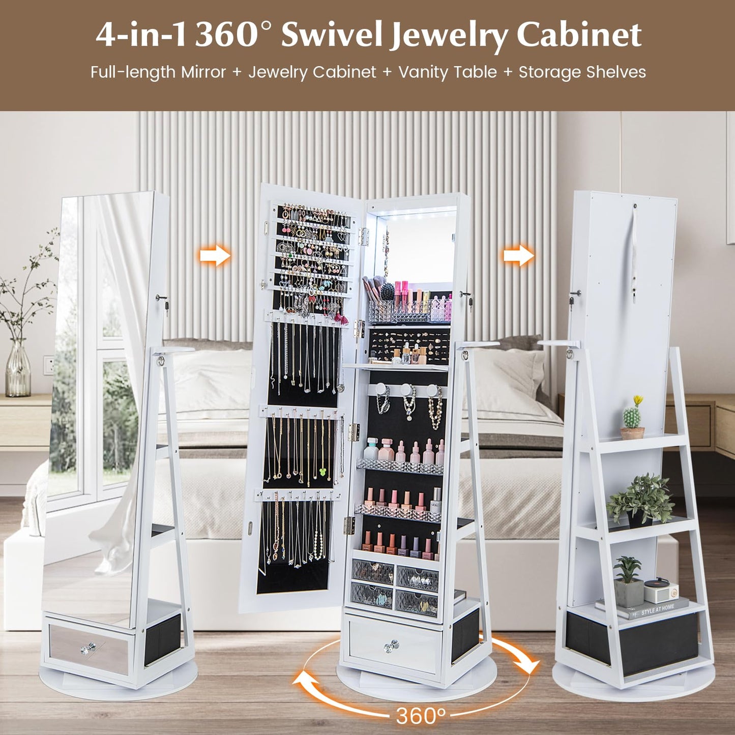 HAPPYGRILL Jewelry Armoire with Full Length Mirror, 360° Lockable Jewelry Organizer W/ 6 LEDs, Rear Storage Shelves, Large Bottom Drawer & Hairdryer Holder, Standing Jewelry Cabinet for Women, White