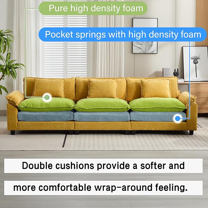 Oprisen 120" Modular Sectional Sofa, Comfy Cloud Couch Sectional Sofa, Chenille Sofa Sleeper Deep Seat Sofa with Throw Pillows for Living Room (Yellow, 120"- 3 Seater)