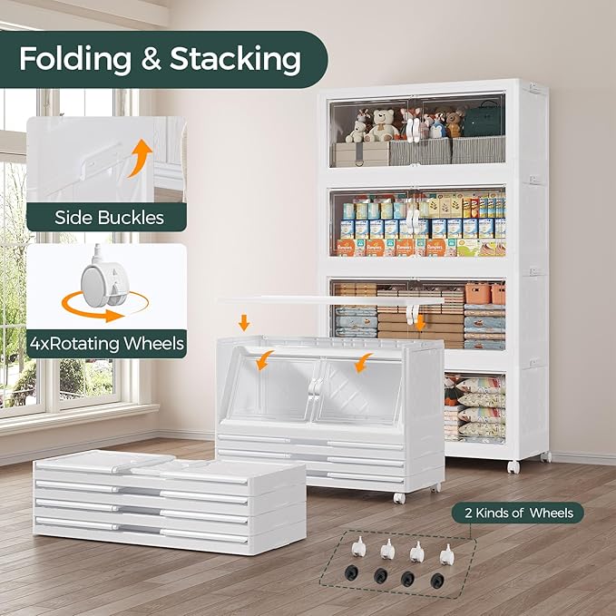 150Gal Stackable Storage Bins with Lid and Wheels, 600QT Plastic Collapsible Storage Boxes with Doors, Closet Organizer and Storage Cabinet for Home Kitchen Office Dorm Room, 5Pack White