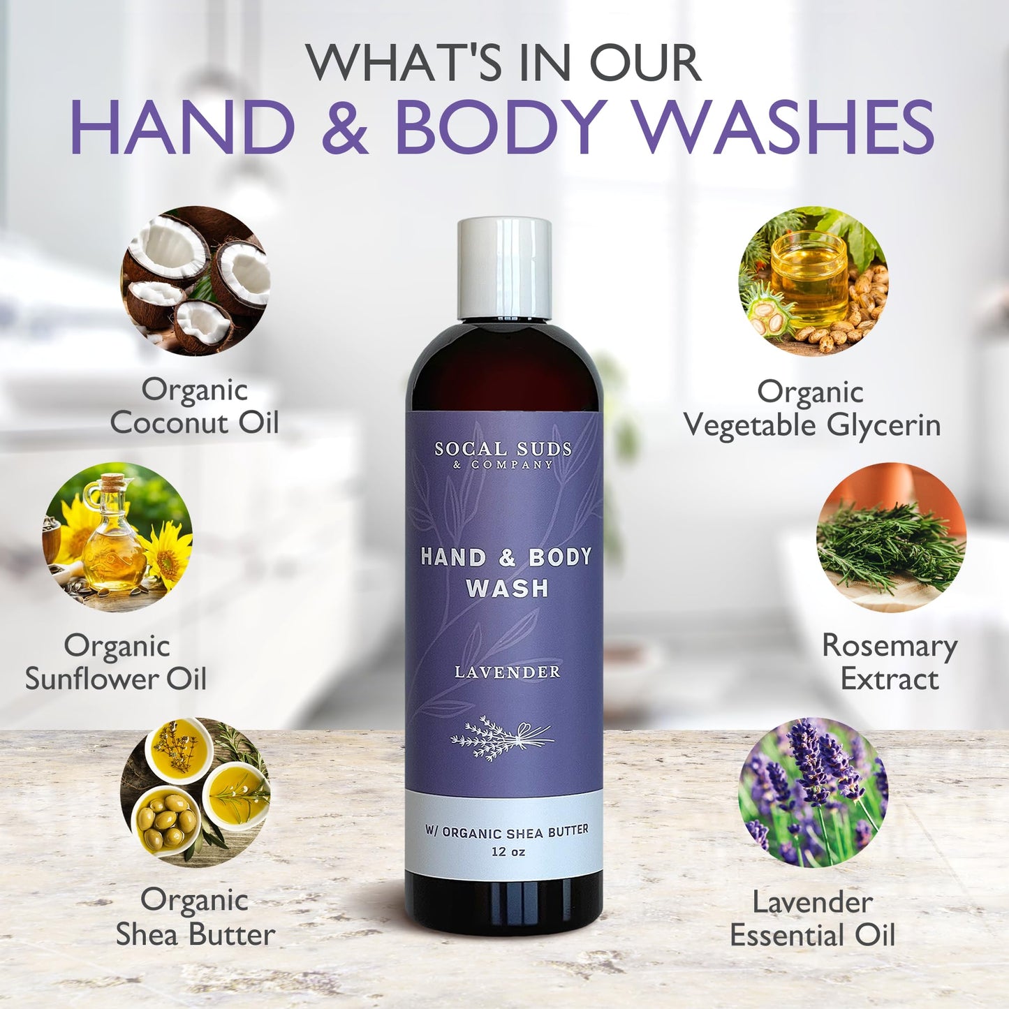 SoCal Suds & Company Organic Shea Butter Body Wash - Lavender Liquid Soap for Hand & Body, Moisturizing Shower Gel, Daily Body W