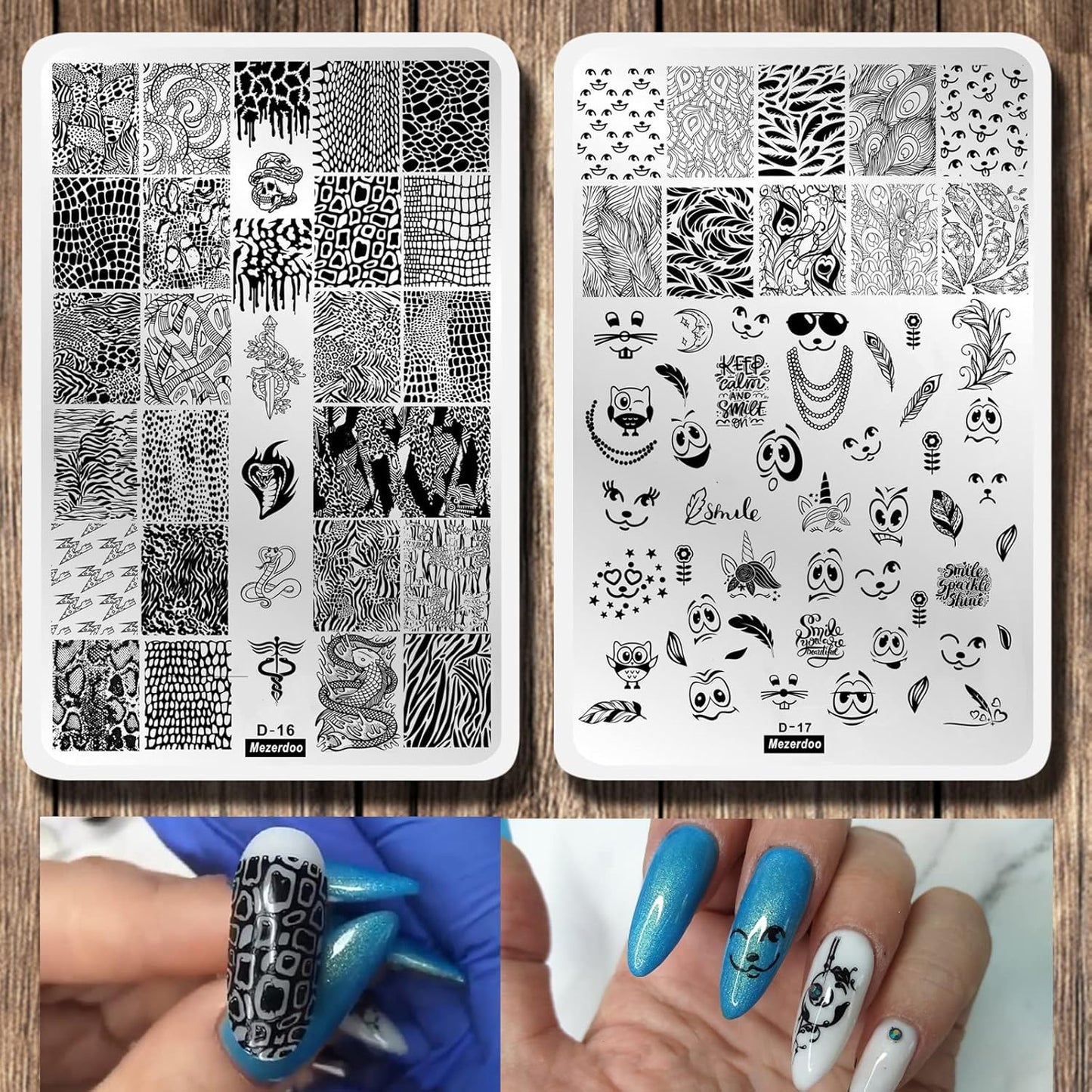 2Pcs Snakeskin Pattern Nail Stamping Template Cute Facial Expression Feather Nail Design Stamping Plate Skull Leopard Nail Art Image Plate 14.5×9.5cm Stainless Steel Nail Stencil Tools