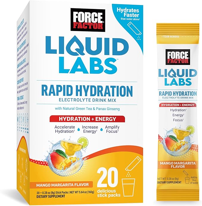 Force Factor Liquid Labs Electrolytes Powder Packets—Mango Margarita—Energy Hydration Packets to Make Electrolyte Water wi...
