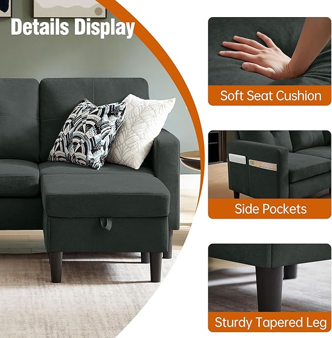 Pingliang Home Sectional Sofa Couches for Living Room, Modular 3 Seats Sectional Sofas L Shaped Couch with Storage and Reversible Chaise, Linen Fabric, 79" (Black)