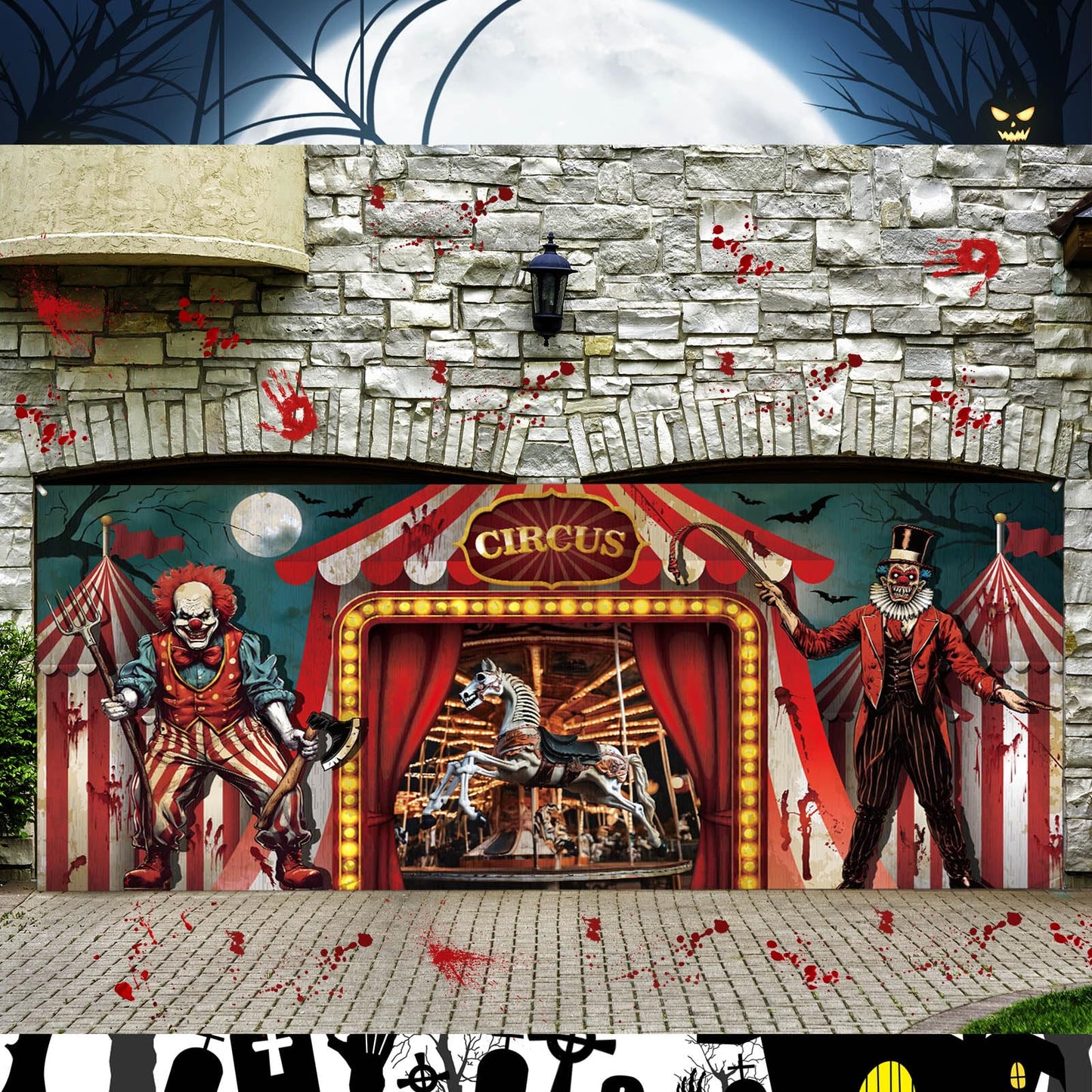 Tingjoo 7 x 16 ft Halloween Garage Door Decoration Banner Evil Circus Garage Door Decor Cover Halloween Backdrop Carnival Evil Circus Theme Backdrop Clown Background for Birthday Photography Party