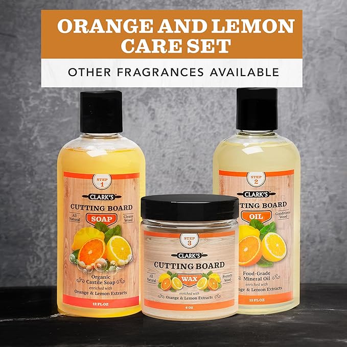 CLARK'S Food Grade Mineral Oil (12oz) and Carnauba Wax (6oz) Set - 100% Natural Butcher Block Oil and Cutting Board Wax - Food Safe Beeswax and Wood Cutting Board Oil with Orange & Lemon Extract