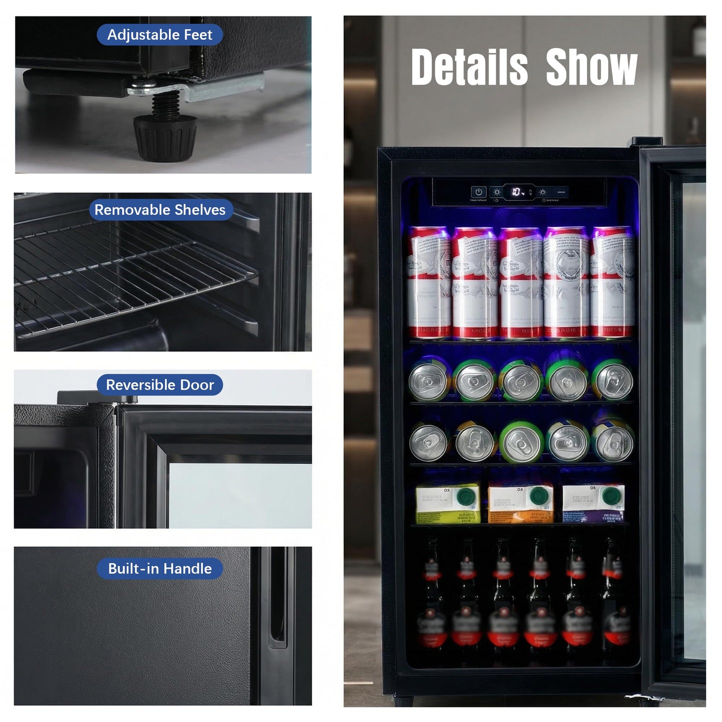 rosmena Beverage Refrigerator, 160 Can Freestanding Mini Refrigerator with 7 Adjustable Thermostat, Drink Dispenser with Adjustable Shelves, Suitable for Home/Office, Black