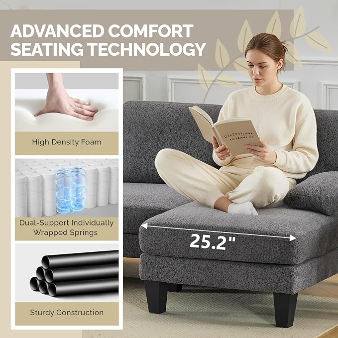 VINGLI 110' U-Shaped Sectional Couch with Two Chaise, Affordable Small Sofa with 4 Seats, Chenille Fabric Comfy Couches for Living Room, Dark Grey