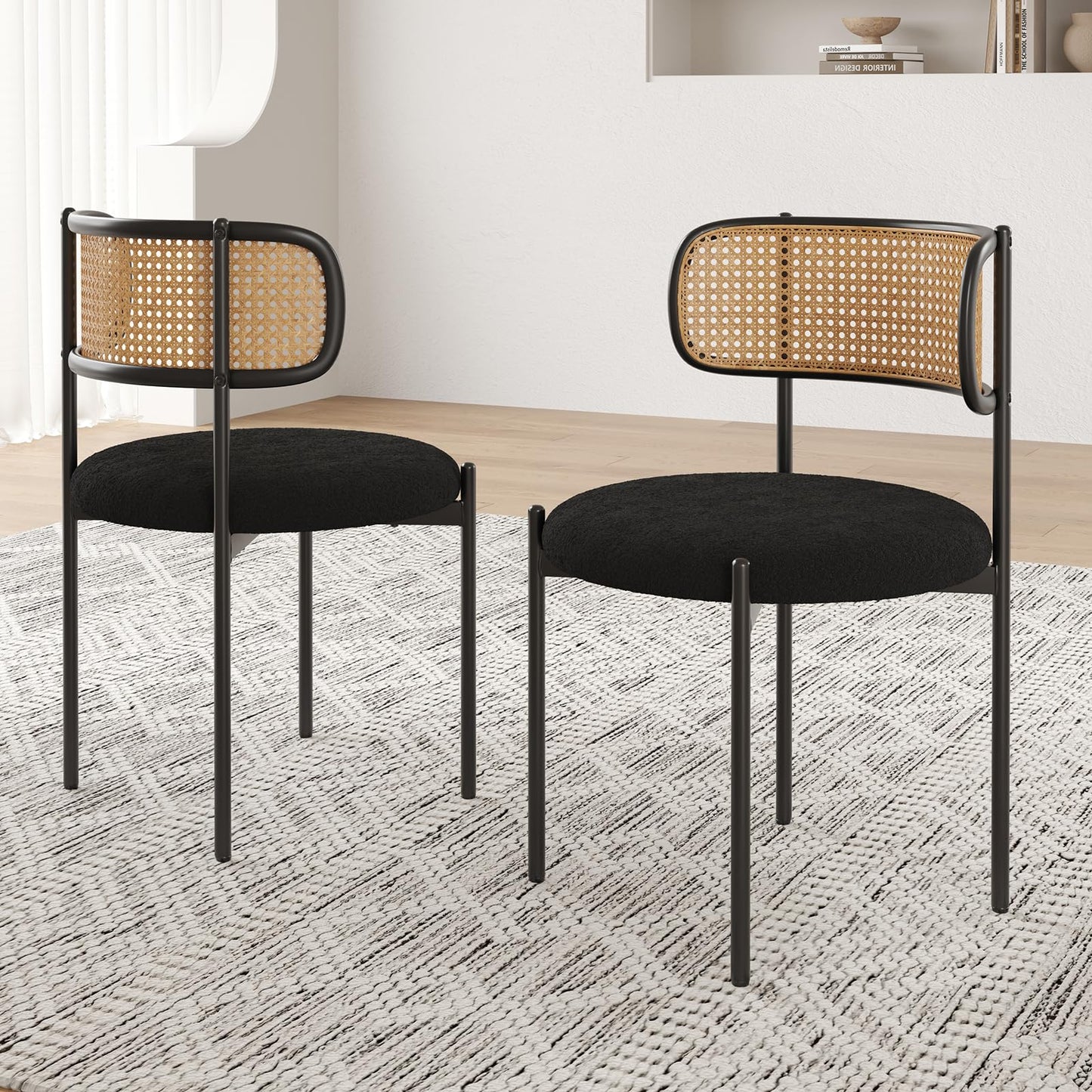 Farini Modern Upholstered Dining Chairs Set of 4,Rattan Back Dining Room Chairs,Accent Kitchen Chairs with Metal Legs,Black