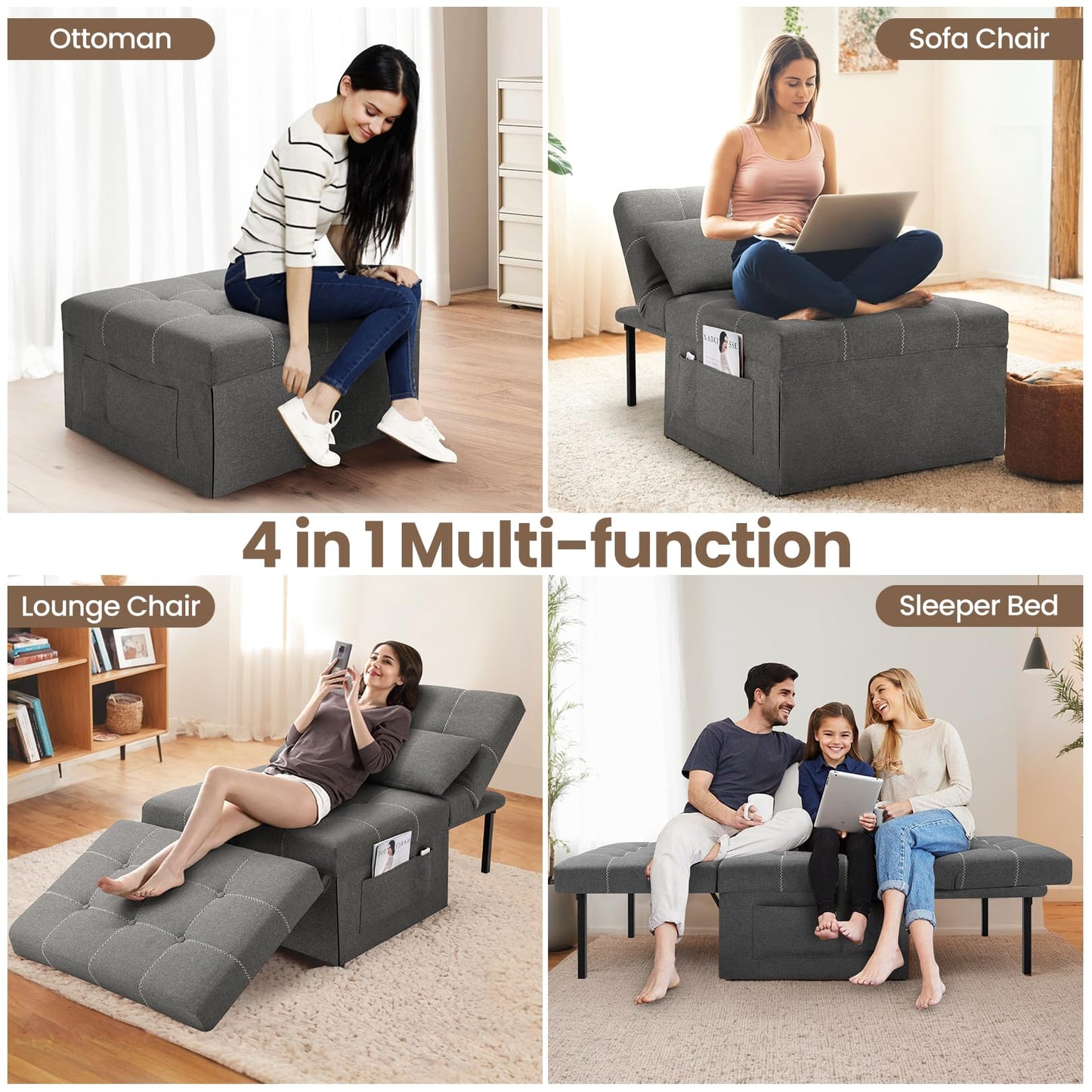 SEJOV 34'' Width Convertible Sleeper Chair, 4 in 1 Multi-Function Folding Ottoman Bed w/Adjustable Backrest & Pillow, Modern Large Single Recliner Assembly-Free Sofa Bed for Small Spaces, Dark Gray