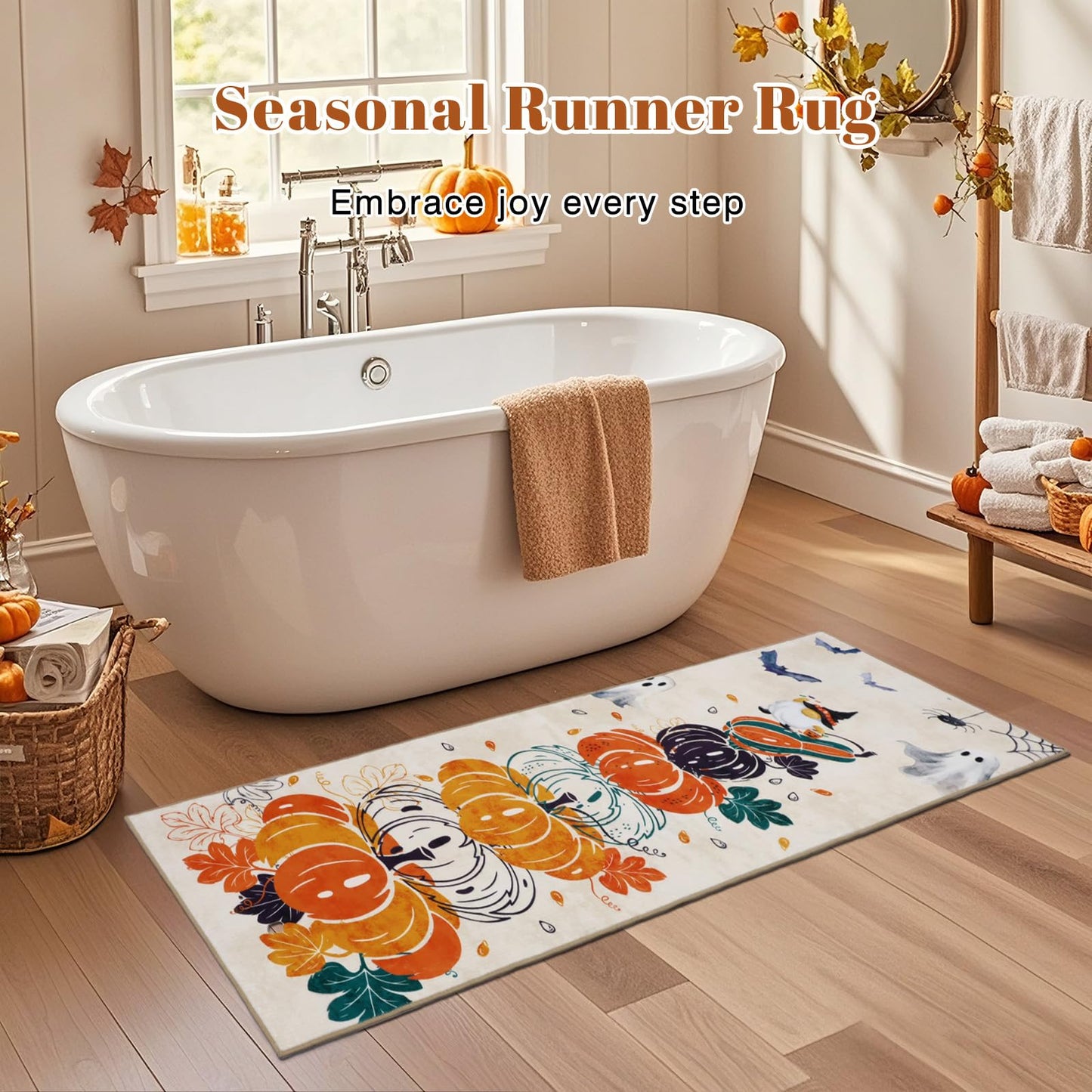 Geanlod Pumpkin Fall Runner Rugs for Hallway 2x6Ft Non Slip, Autumn Halloween Washable Kitchen Rug Runners, Beige Low Pile Bedroom Floor Carpets for Entryway Laundry Bathroom Living Room Holiday Decor