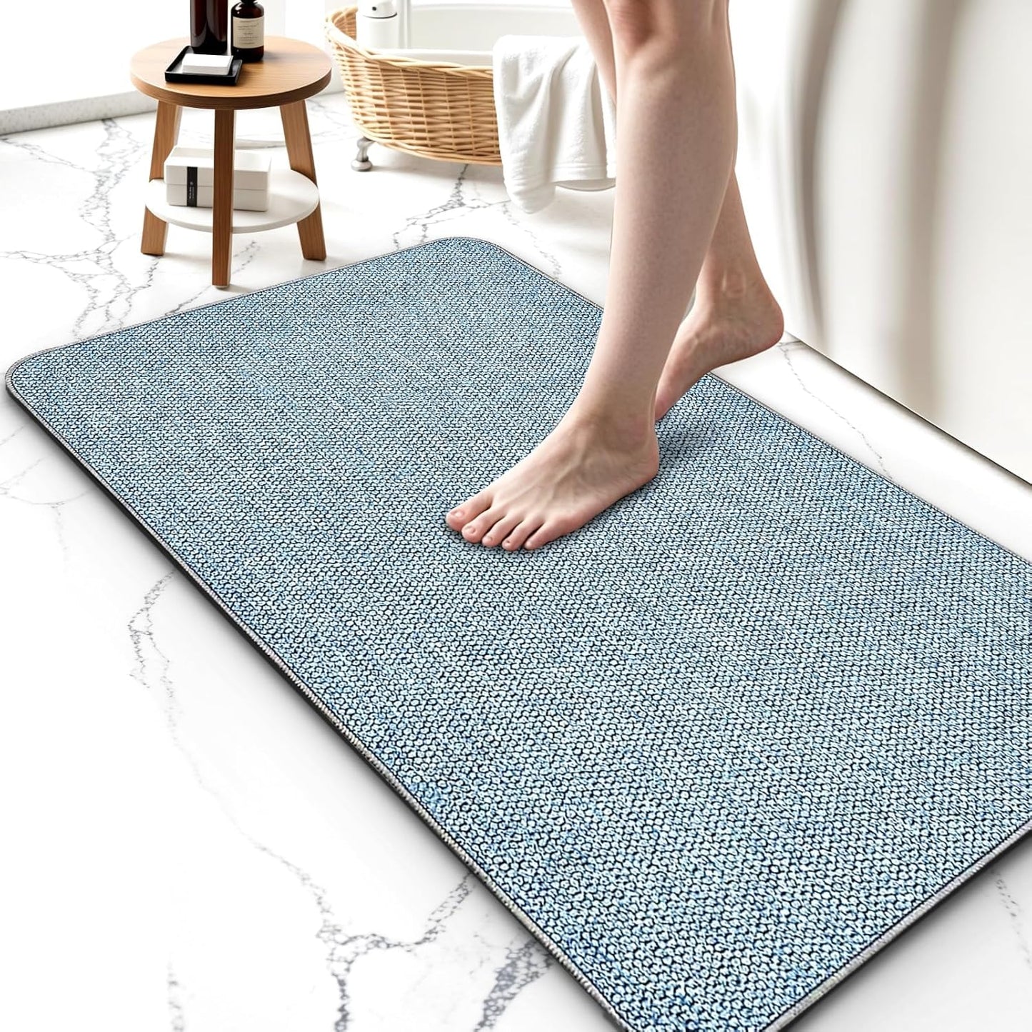 Upgraded Bathroom Rugs 24x36Inch, Thin Bath Mat with Rubber Backing Non-Slip, Absorbent,Quick Dry Machine Washable, Home Decor Accessories Cozy Cloth Bathroom Mat fit Under Door/Sink/Tub/Shower-Blue