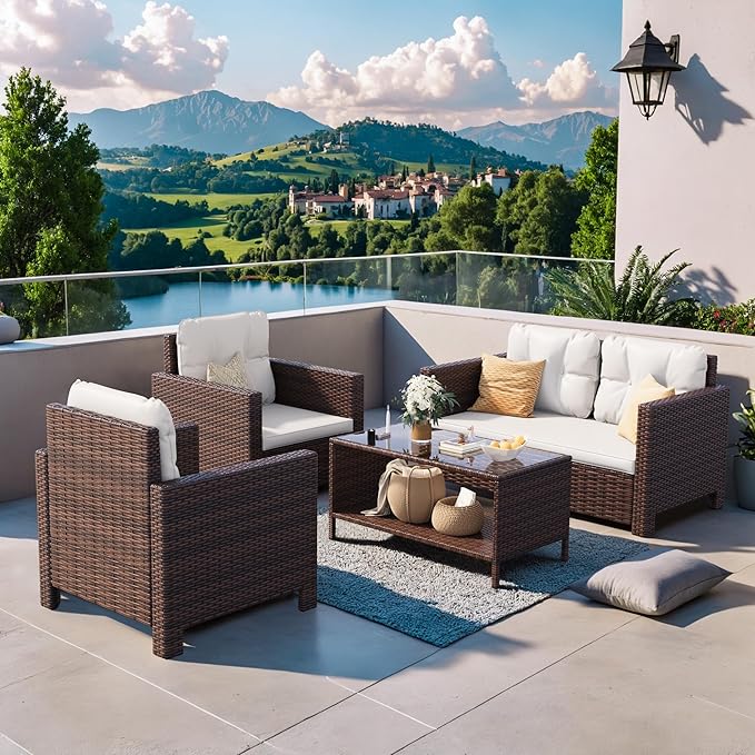 Homall 4 Pieces Patio Furniture Sets Rattan Chair Wicker Conversation Sofa Set, Outdoor Indoor Backyard Porch Garden Poolside Balcony Use (Beige)