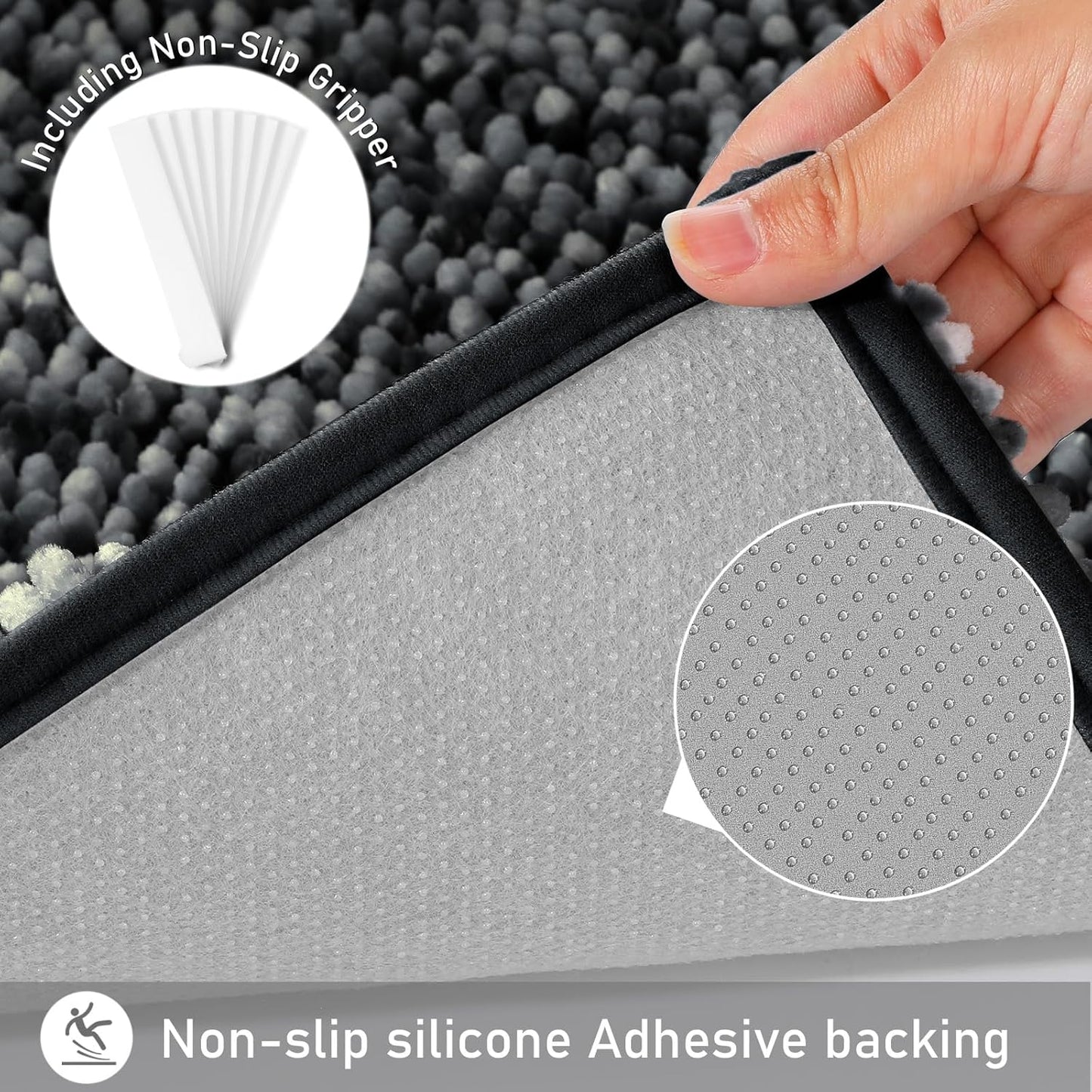 Yimobra Luxury Chenille U-Shaped Toilet Rug, Super Soft Shaggy Contour Bath Mat for Bathroom Floor, Fluffy, Water Absorbent, Non Slip, Machine Washable, Dry Quickly, 24''x 20'', Black & Dark Grey