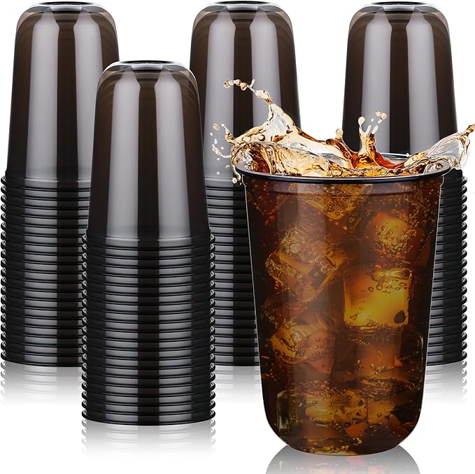 KesaPlan 50 Pcs Black Plastic Cups, 16oz Disposable Stemless Wine Glasses for Cocktail Cute Clear Cocktail Wine Glasses Bl...