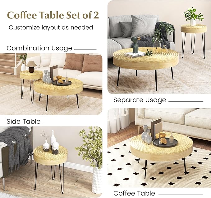 Giantex Boho Round Coffee Table Set of 2, Sofa Side Nesting Table with Solid Pine Wood Top, Metal Legs & Adjustable Foot Pads, 31.5" D Large Table Set for Living Room (Ring Pattern, Natural)