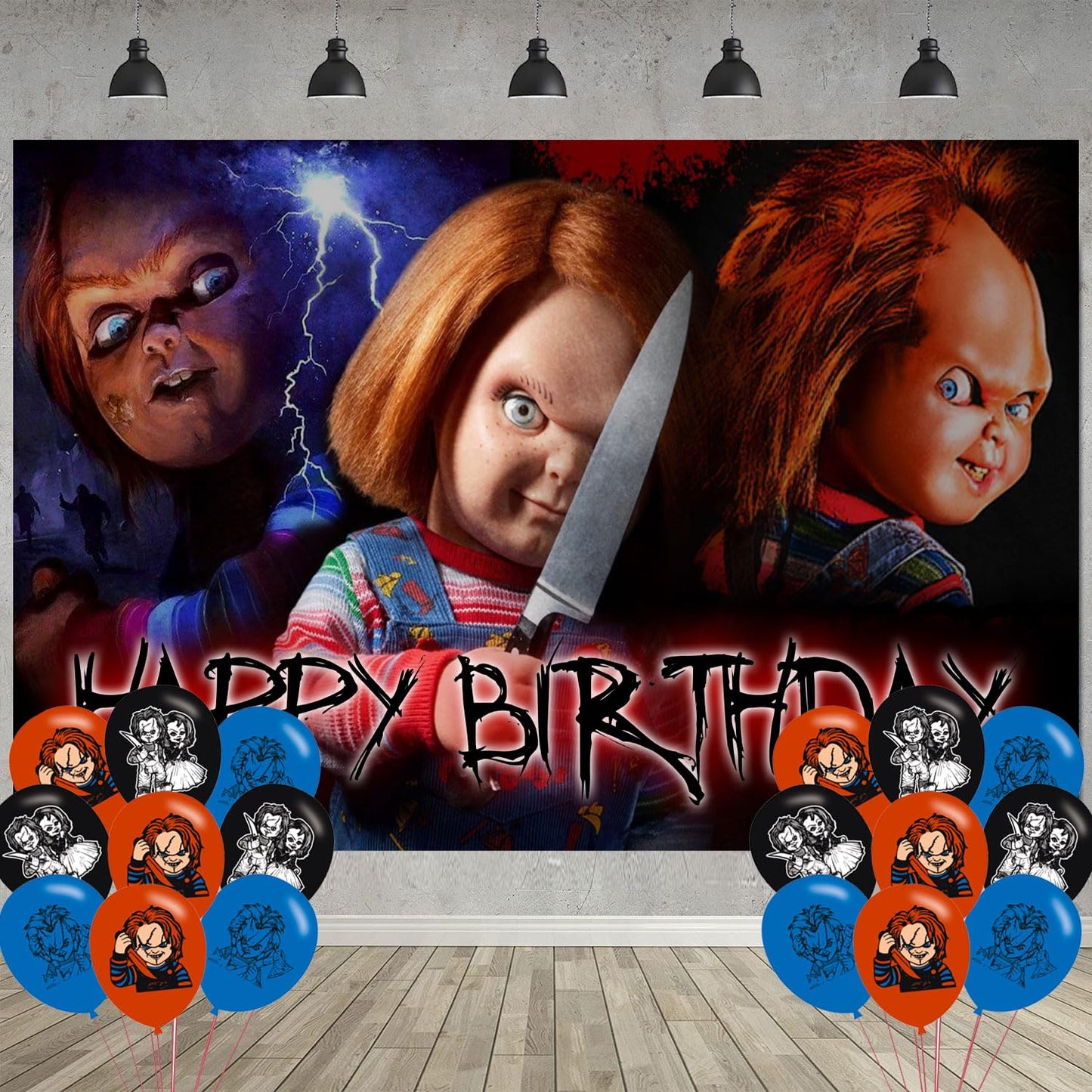 Horror Movie Birthday Party Decoration,Chucky Party Photo Background 5 x 3 FT and 18 Pcs Balloon,Horror Movie Merch Party Backdrop Supplies